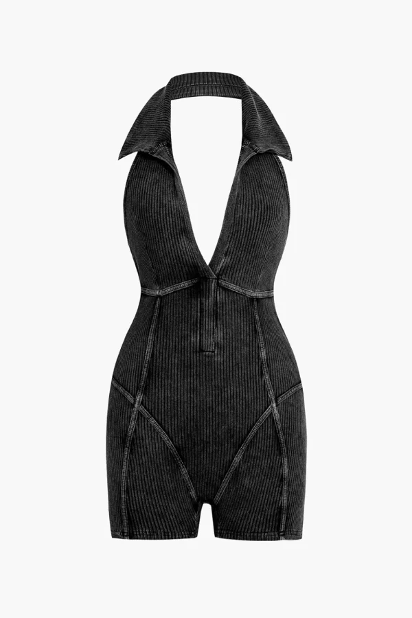 Distressed Backless Halter V-neck Romper>MICAS Clearance