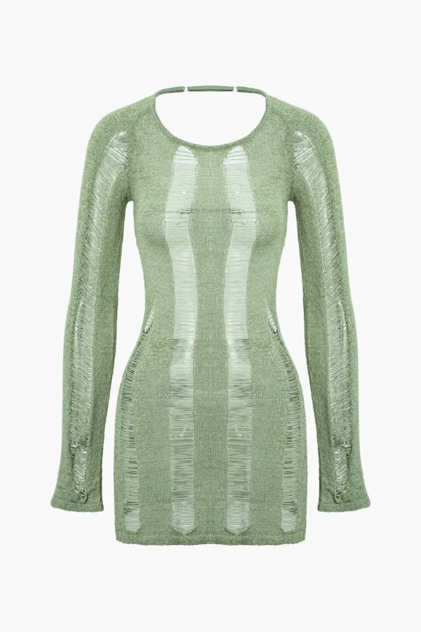 Distressed Ladder Backless Mini Dress>MICAS Hot