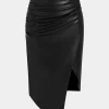 Faux Leather Asymmetrical Ruched Skirt>MICAS Hot