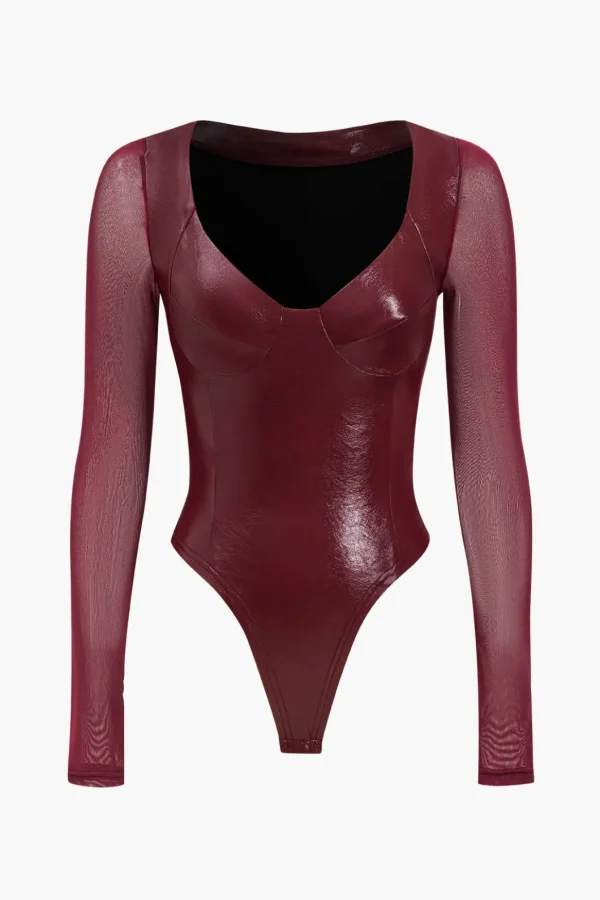 Faux Leather Bustier Long Sleeve Bodysuit>MICAS Online