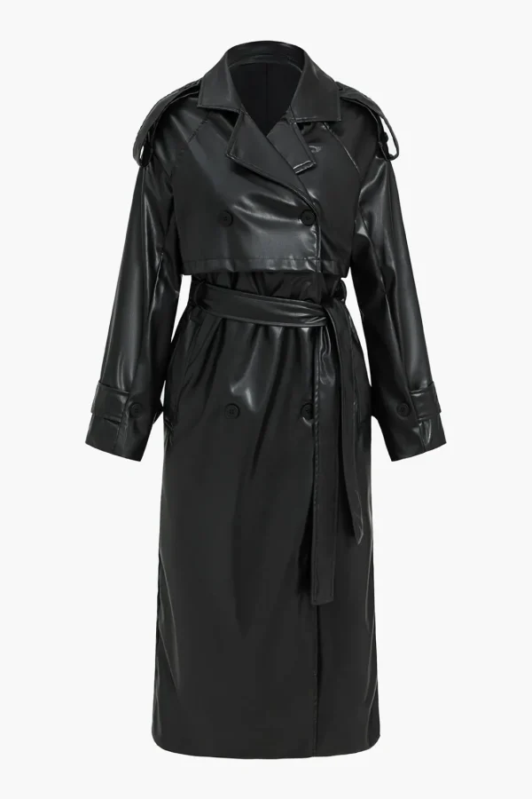 Faux Leather Button Asymmetrical Belted Coat>MICAS Hot