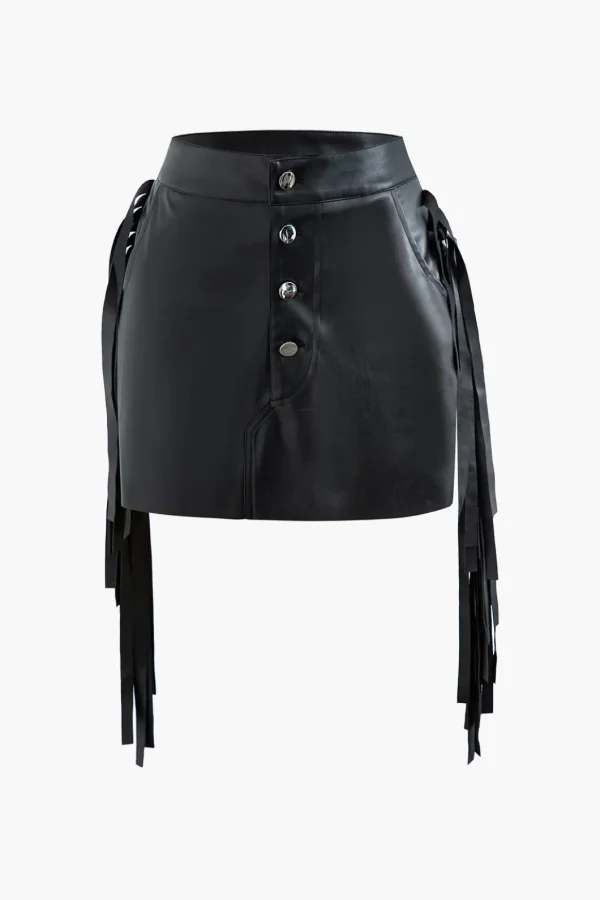 Faux Leather Button Fringe Trim Mini Skirt>MICAS Discount