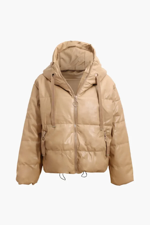 Faux Leather Hooded Puffer Jacket>MICAS Sale