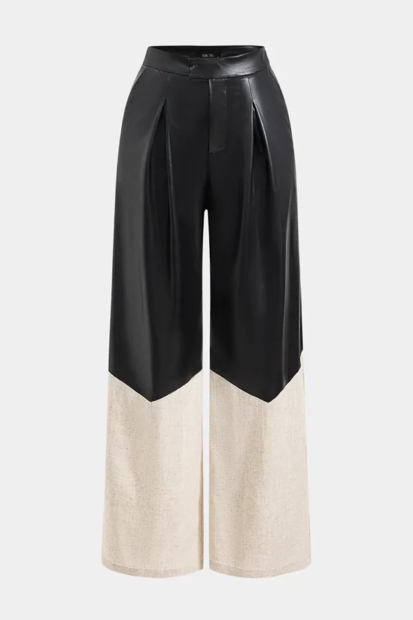 Faux Leather Linen High Waist Patchwork Trousers>MICAS Fashion