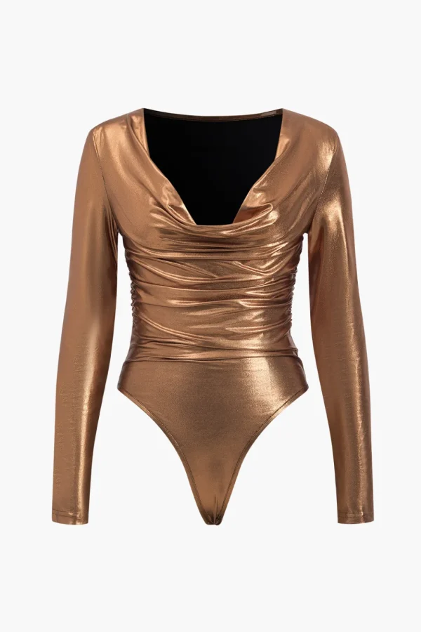 Faux Leather Long Sleeve Cowl Neck Bodysuit>MICAS Hot