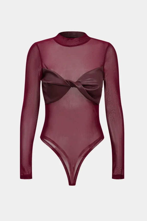Faux Leather Mesh Patchwork Twist Knot Long Sleeve Bodysuit>MICAS Best