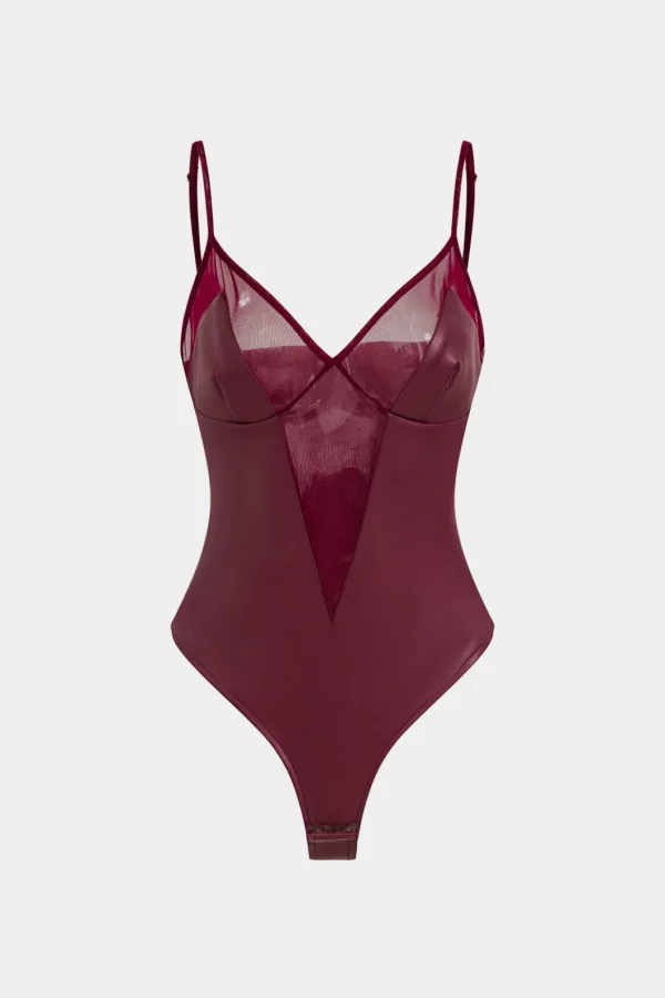 Faux Leather Mesh Patchwork Sleeveless Bodysuit>MICAS Outlet