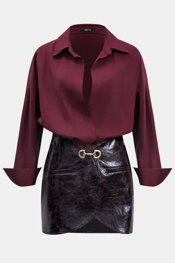 Faux Leather Metallic Patchwork Long Sleeve Mini Dress>MICAS Best
