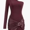 Faux Leather Patchwork Asymmetrical Long Sleeve Mini Dress>MICAS Hot