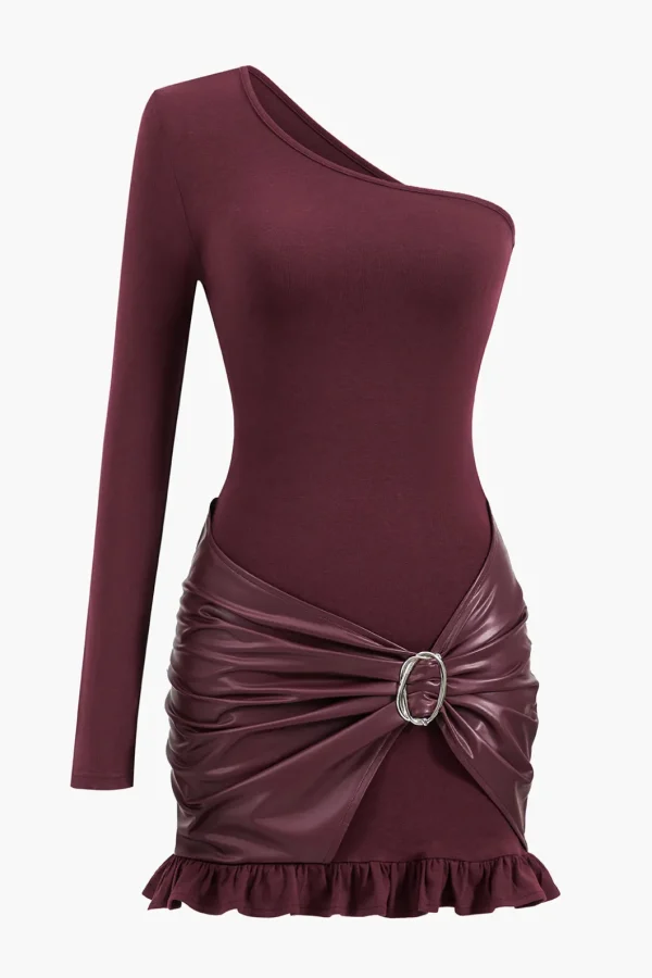 Faux Leather Patchwork Asymmetrical Long Sleeve Mini Dress>MICAS Hot