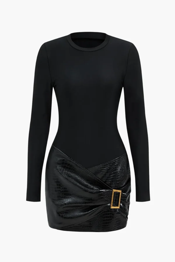 Faux Leather Patchwork Long Sleeve Mini Dress>MICAS Clearance