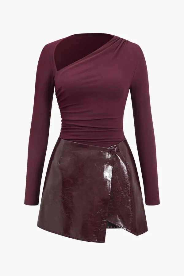 Faux Leather Patchwork Long Sleeve Mini Dress>MICAS Best