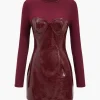 Faux Leather Patchwork Long Sleeve Round Neck Mini Dress>MICAS Outlet
