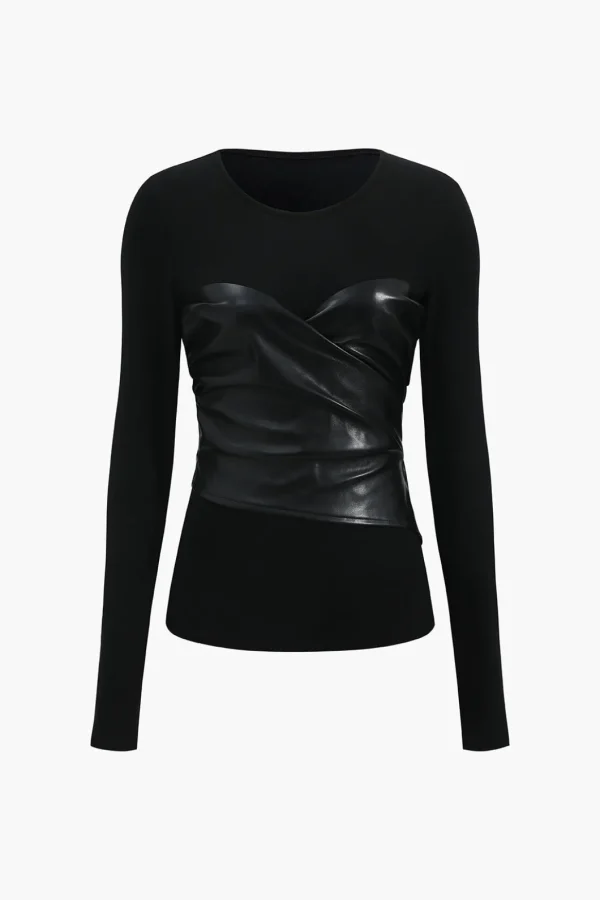 Faux Leather Patchwork Long-Sleeve Top>MICAS Best