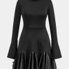 Faux Leather Patchwork Round Neck Long Sleeve Mini Dress>MICAS New