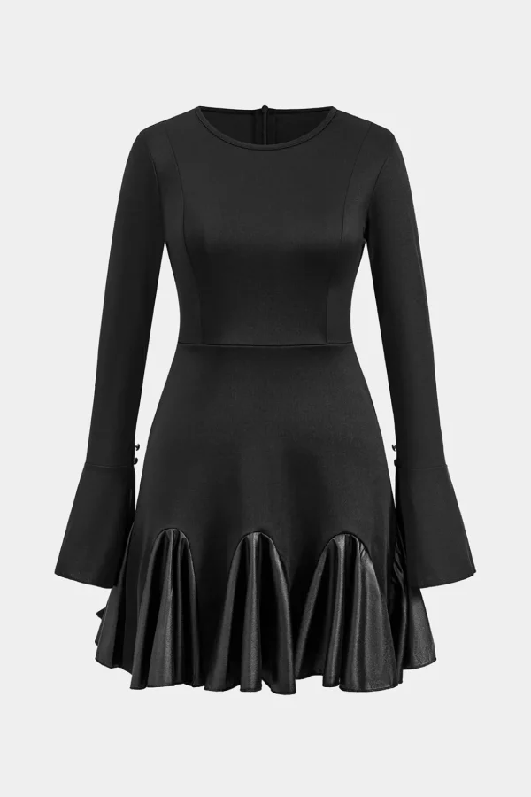 Faux Leather Patchwork Round Neck Long Sleeve Mini Dress>MICAS New