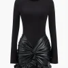 Faux Leather Patchwork Ruffle Ruched Long Sleeve Mini Dress>MICAS New