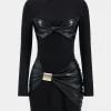 Faux Leather Patchwork Ruched Long Sleeve Mini Dress>MICAS Discount