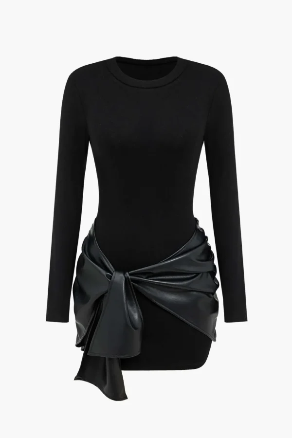 Faux Leather Patchwork Tie Front Round Neck Ruched Mini Dress>MICAS New