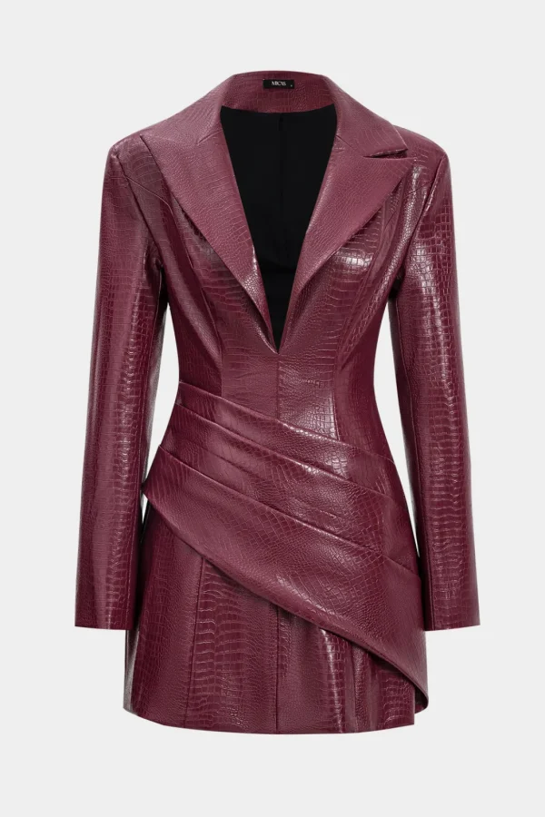 Faux Leather Ruched Long Sleeve V-Neck Mini Dress>MICAS Sale