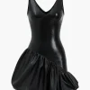 Faux Leather Ruched V-Neck Asymmetrical Mini Dress>MICAS Outlet