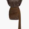 Faux Leather Ruched Zipper V-Neck Mini Dress>MICAS Discount