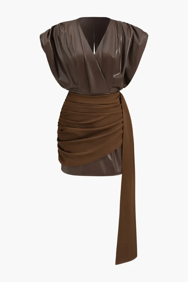 Faux Leather Ruched Zipper V-Neck Mini Dress>MICAS Discount