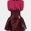 Faux Leather Satin Sleeveless Mini Dress>MICAS Online