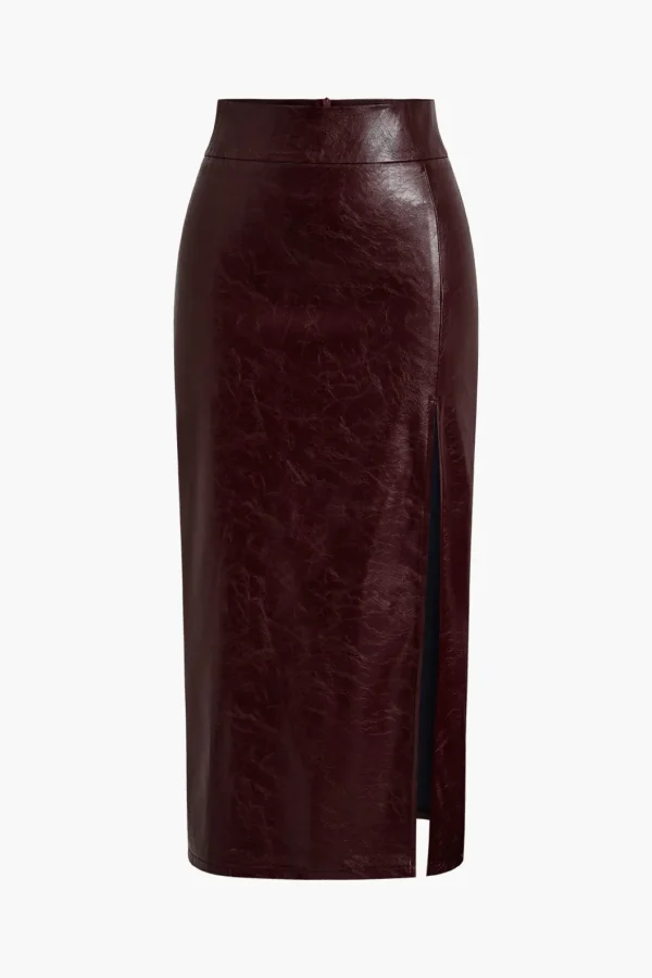 Faux Leather Side Slit Skirt>MICAS Online