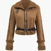 Faux Suede Belted Zipper Long-Sleeve Jacket>MICAS Clearance