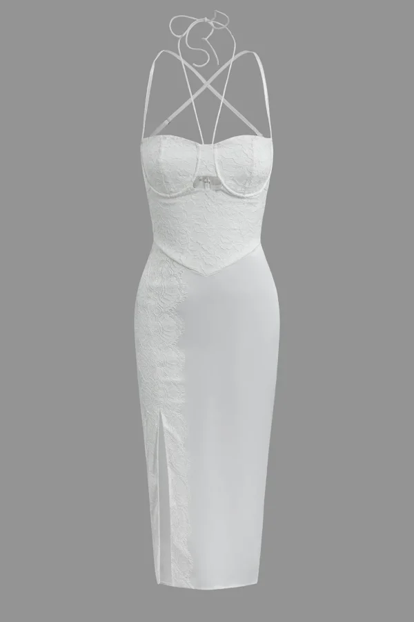 Floral Embroider Lace Crossed Backless Bustier Midi Dress>MICAS Sale