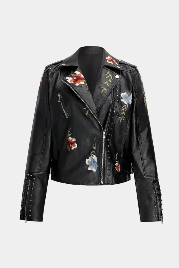 Floral Embroidery Faux Leather Zipper Long Sleeve Jacket>MICAS Discount