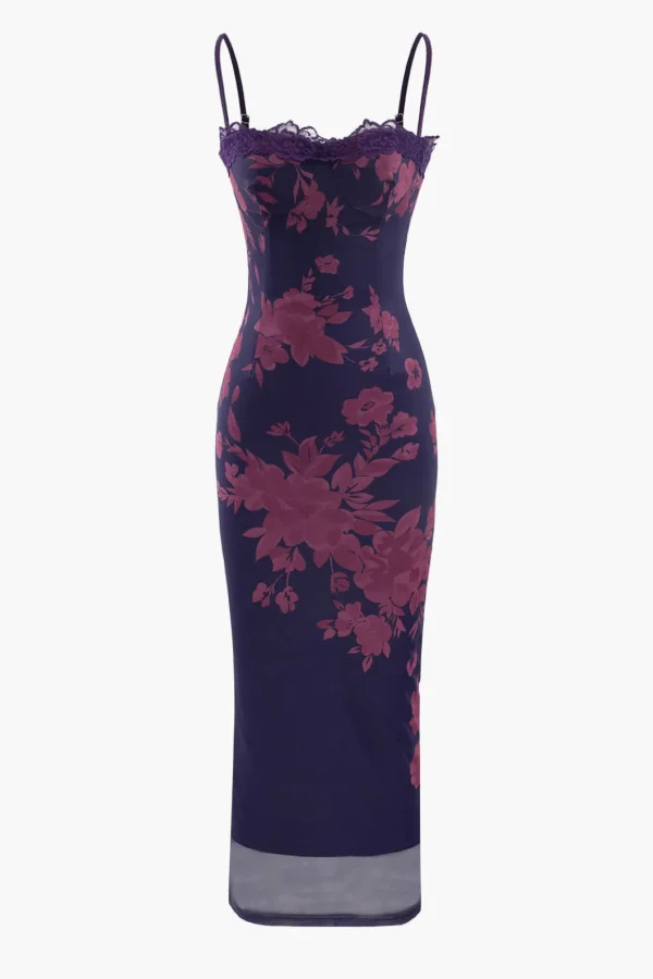 Floral Print Lace Trim Slit Maxi Dress>MICAS Sale