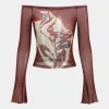 Floral Print Mesh Off-Shoulder Long Sleeve Top>MICAS Best
