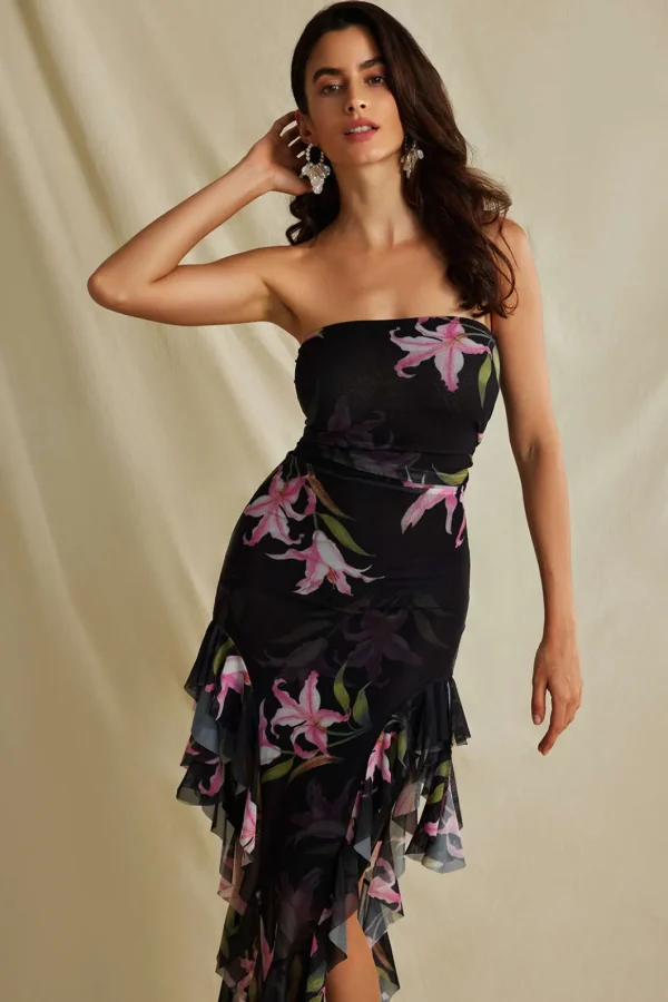 Floral Print Mesh Ruffle Layered Strapless Midi Dress>MICAS Discount