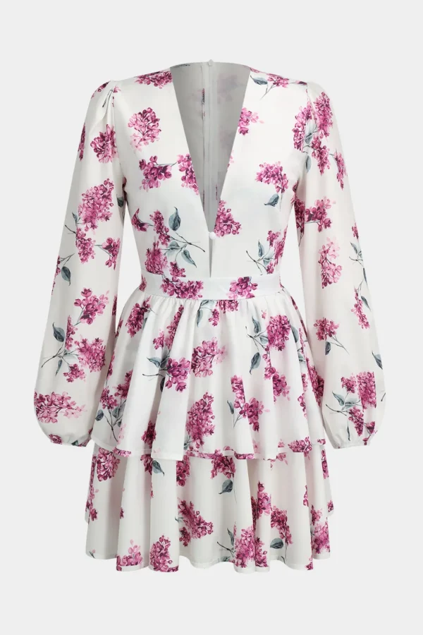 Floral Print Ruffle V-Neck Long Sleeve Mini Dress>MICAS New