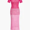 Fringed Hem Crochet Hollow Out Cover Up Knit Dress>MICAS Clearance