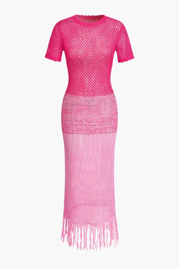 Fringed Hem Crochet Hollow Out Cover Up Knit Dress>MICAS Clearance