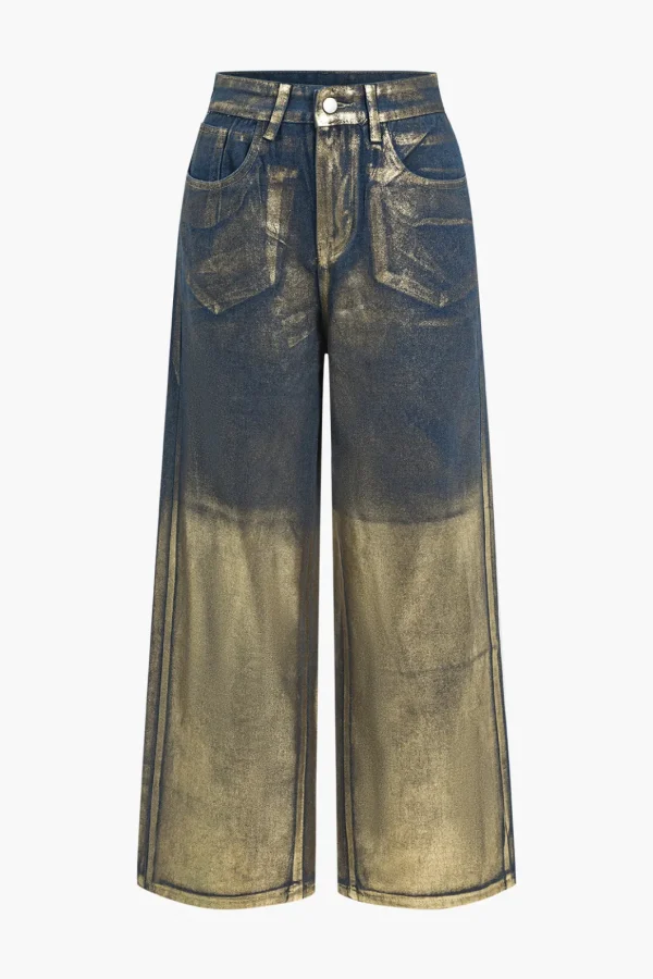Glitter Metallic Foil Wide Leg Jeans>MICAS Online