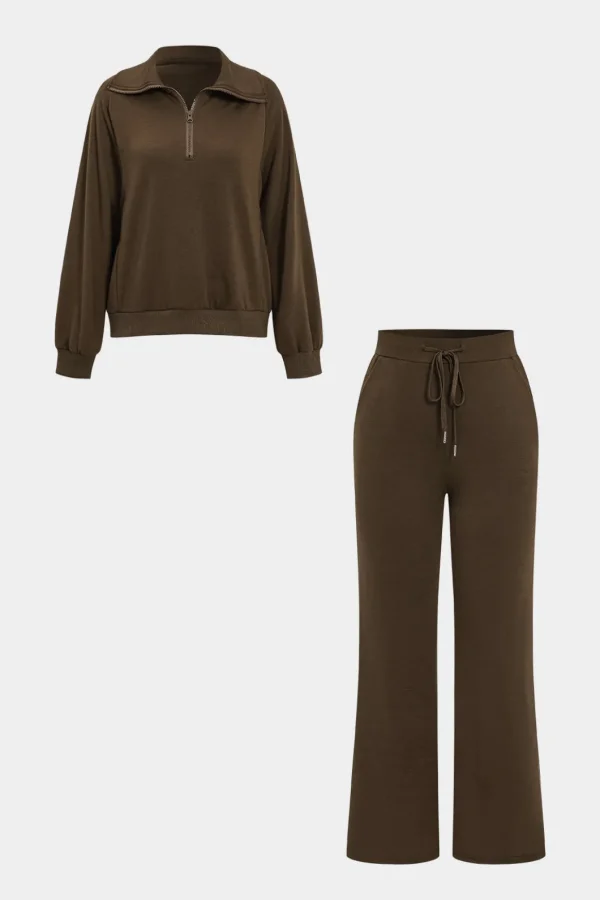 Half Zip Drawstring Wide Leg Pants Set>MICAS Fashion