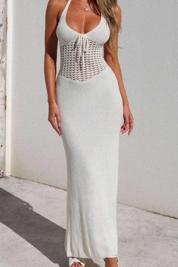Halter Neck Backless Crochet Knit Dress>MICAS New