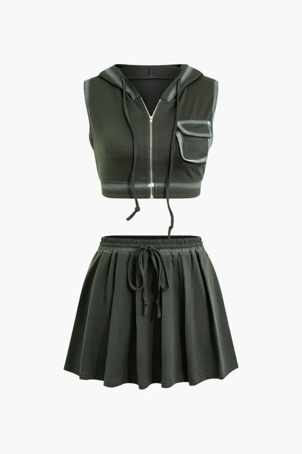 Hooded Crop Top And Drawstring Pleated Mini Skirt Set>MICAS Outlet