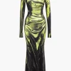 Illusion Pattern Print Long-Sleeve Maxi Dress>MICAS Sale