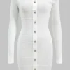 Knit Button Off Shoulder Long Sleeve Dress>MICAS Outlet
