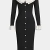 Knit Button Puff Patchwork Long-Sleeve Dress>MICAS Best