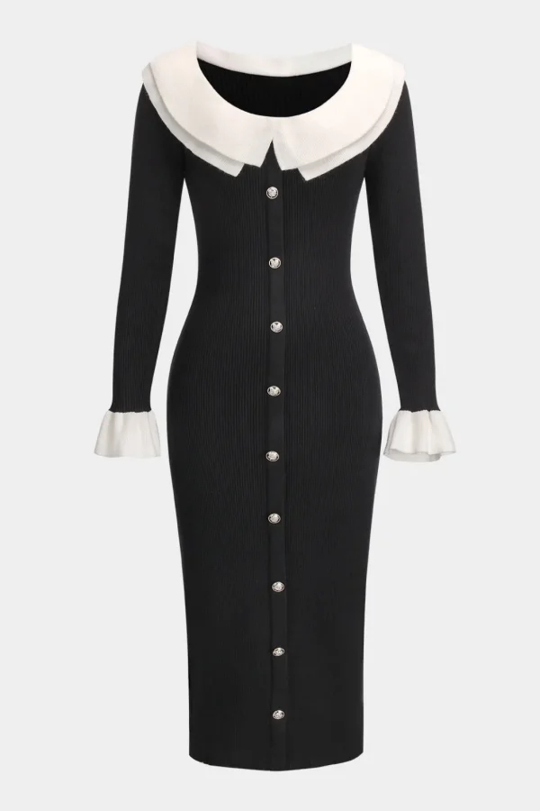 Knit Button Puff Patchwork Long-Sleeve Dress>MICAS Best
