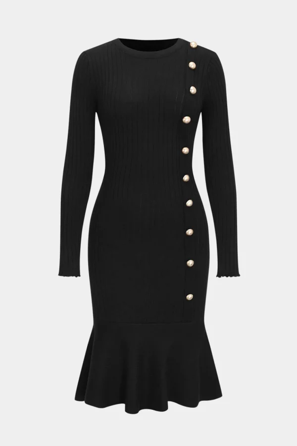 Knit Button Round Neck Long Sleeve Dress>MICAS Best
