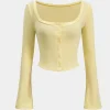 Knit Button Square Neck Bell Sleeve Top>MICAS Outlet