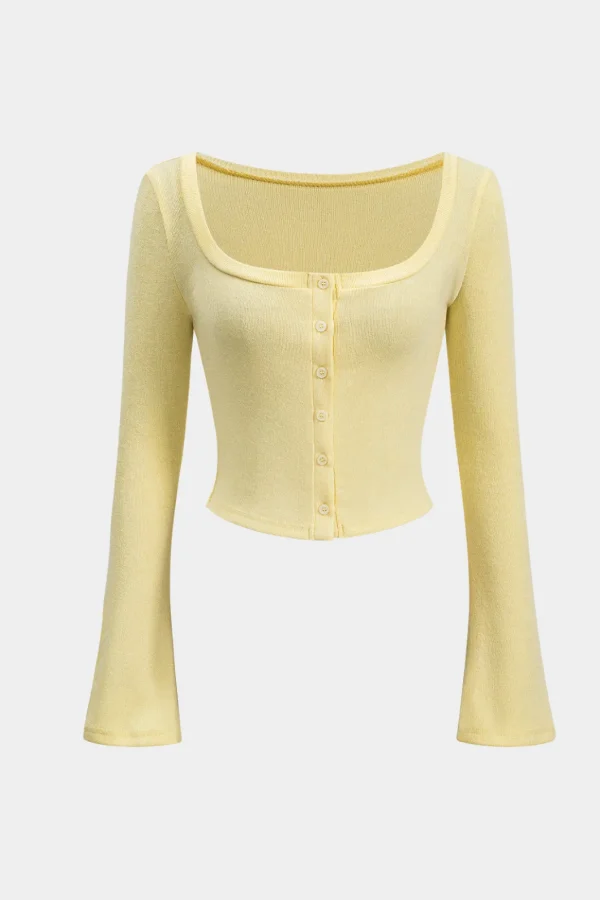 Knit Button Square Neck Bell Sleeve Top>MICAS Outlet
