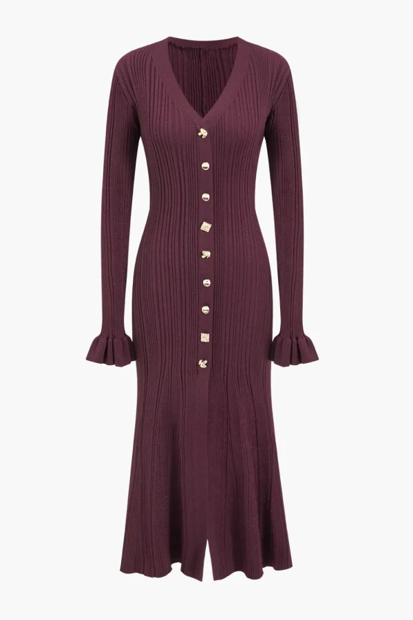 Knit Button V-Neck Dress>MICAS Sale